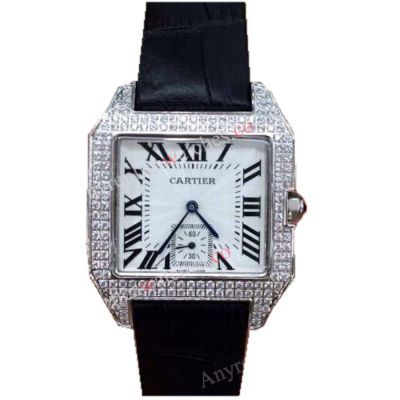 Cartier Santos Diamond Bezel Black Leather Strap Watch for Sale